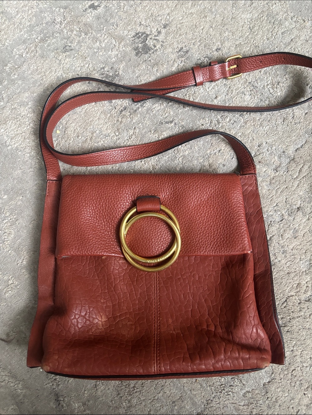 Vince Camuto Rust Brown Leather Crossbody with Gold Ring